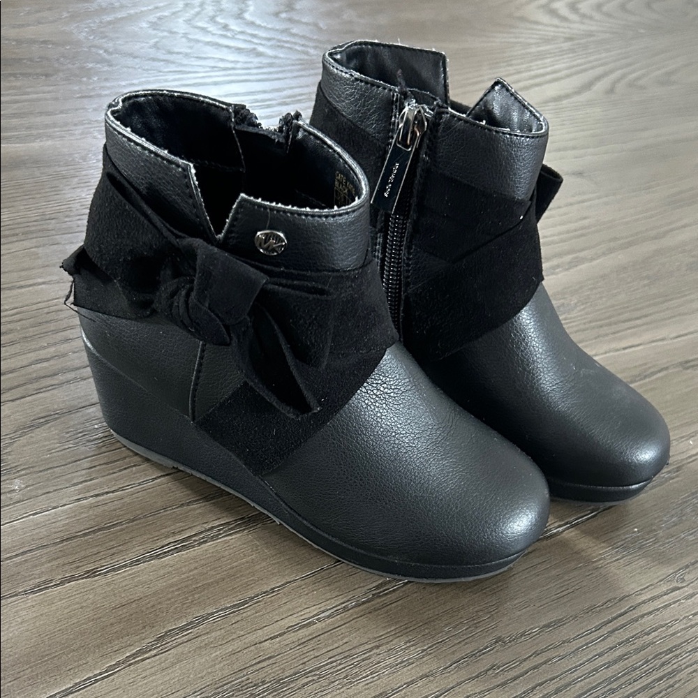 Kids Black Wedge Ankle Boots with Bow